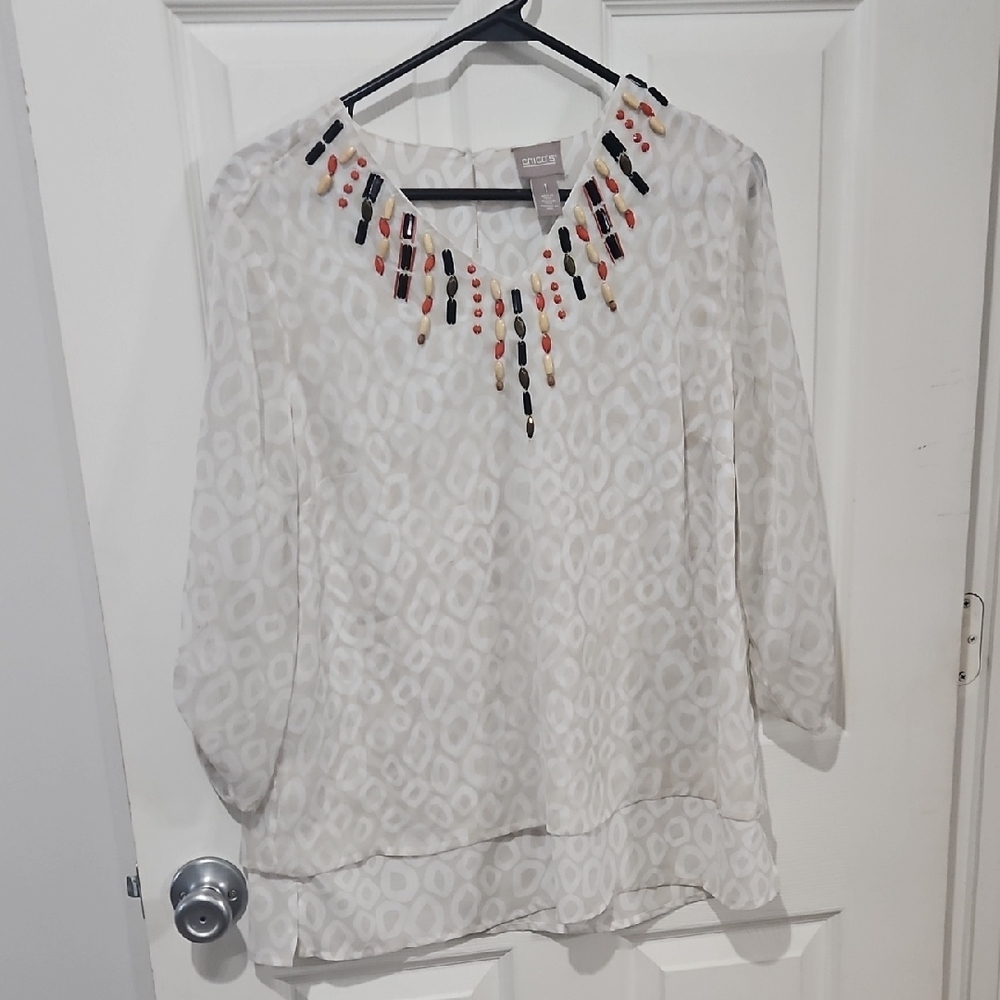 Chicos Womens White Patterned Blouse Size 1 Colorful Neckline Casual Boho Top